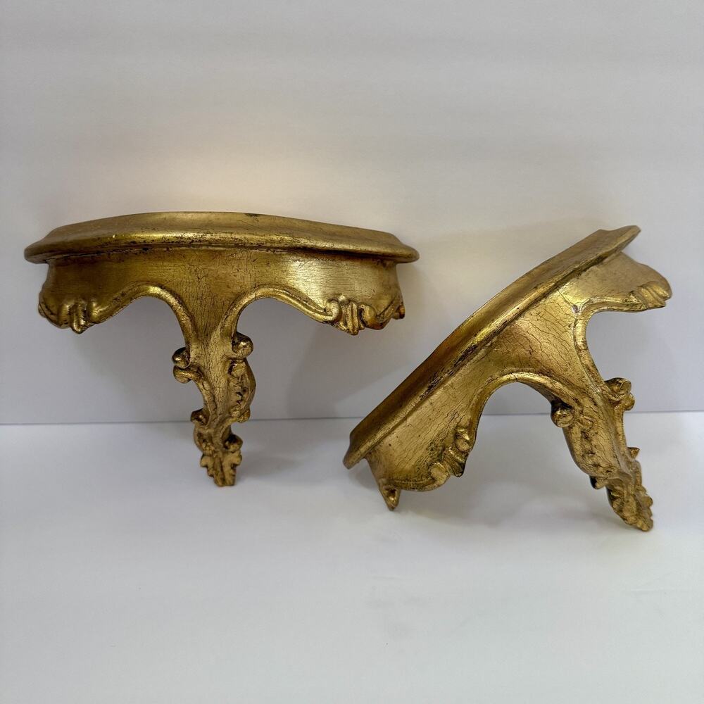 Pair Vintage Midcentury Italian Gold Florentine Wall Shelf Gilded Wood Regency